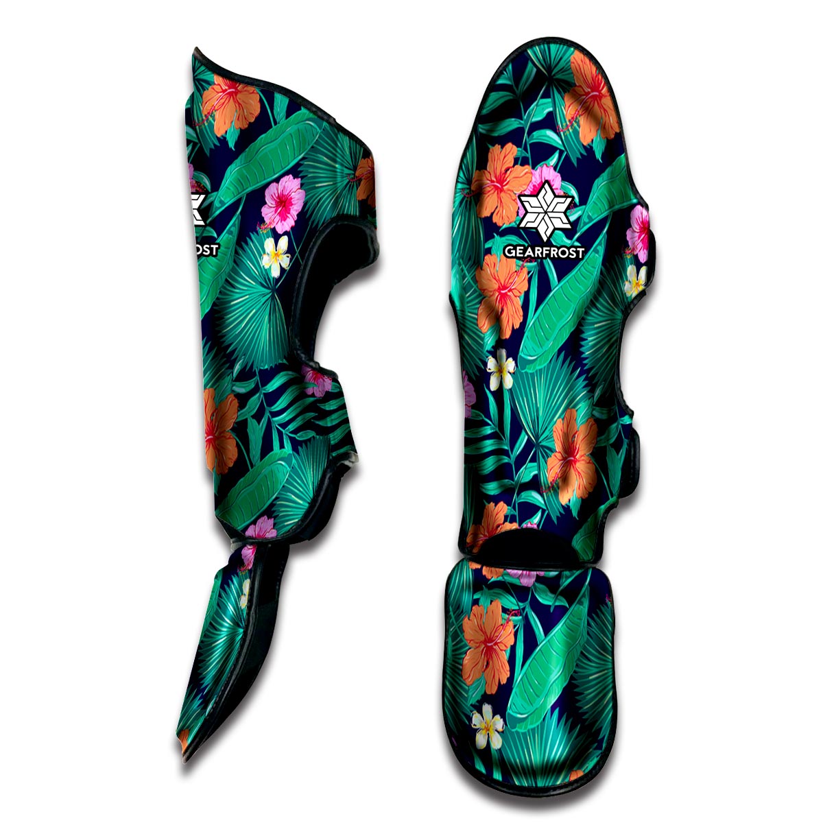 Teal Hawaiian Leaf Flower Pattern Print Muay Thai Shin Guard