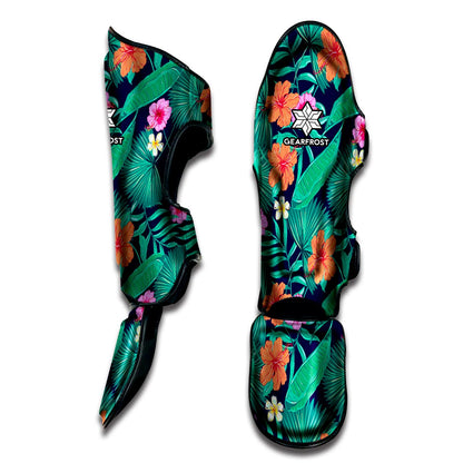 Teal Hawaiian Leaf Flower Pattern Print Muay Thai Shin Guard