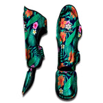 Teal Hawaiian Leaf Flower Pattern Print Muay Thai Shin Guard