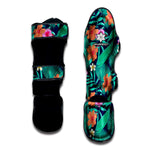 Teal Hawaiian Leaf Flower Pattern Print Muay Thai Shin Guard