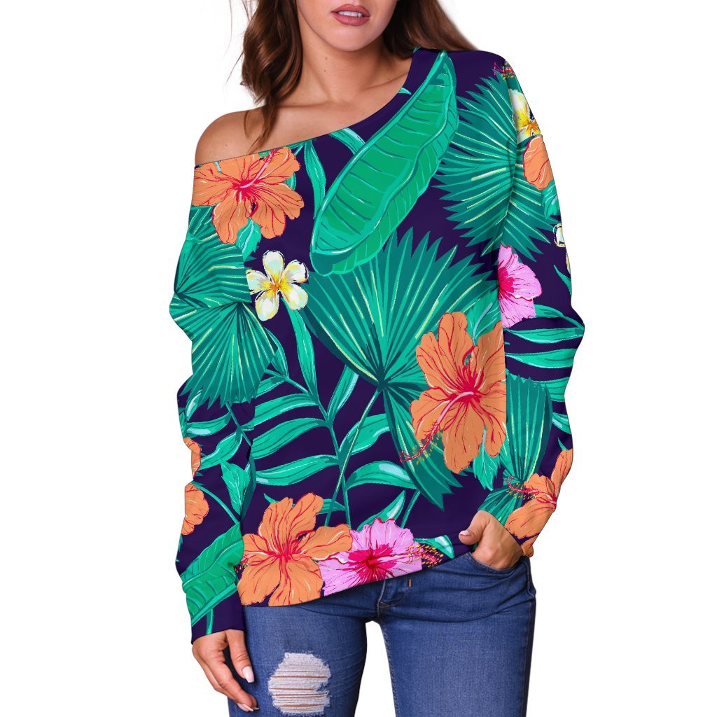 Teal Hawaiian Leaf Flower Pattern Print Off Shoulder Sweatshirt GearFrost