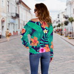 Teal Hawaiian Leaf Flower Pattern Print Off Shoulder Sweatshirt GearFrost