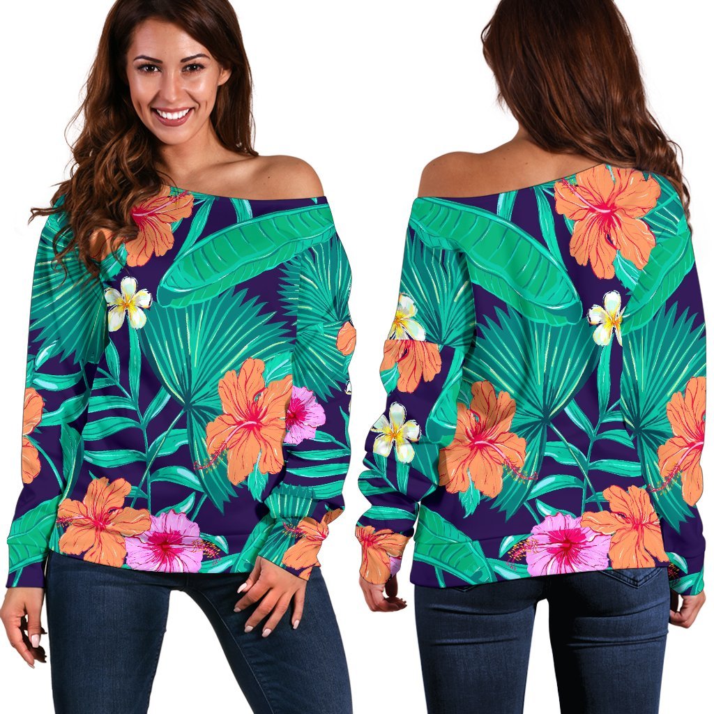 Teal Hawaiian Leaf Flower Pattern Print Off Shoulder Sweatshirt GearFrost