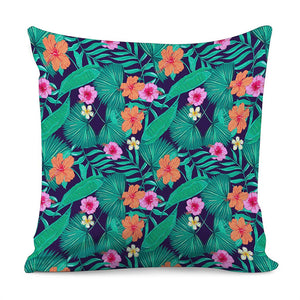 Teal Hawaiian Leaf Flower Pattern Print Pillow Cover