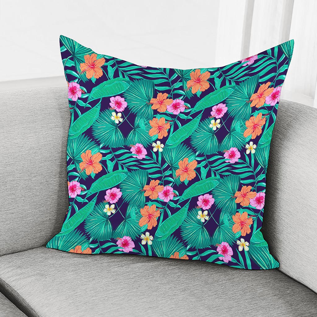 Teal Hawaiian Leaf Flower Pattern Print Pillow Cover