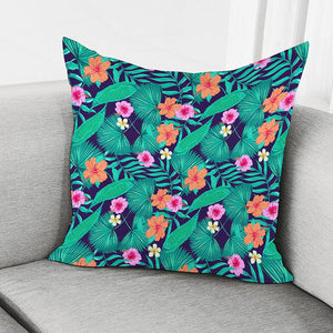 Teal Hawaiian Leaf Flower Pattern Print Pillow Cover