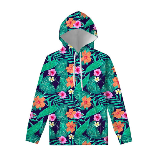 Teal Hawaiian Leaf Flower Pattern Print Pullover Hoodie