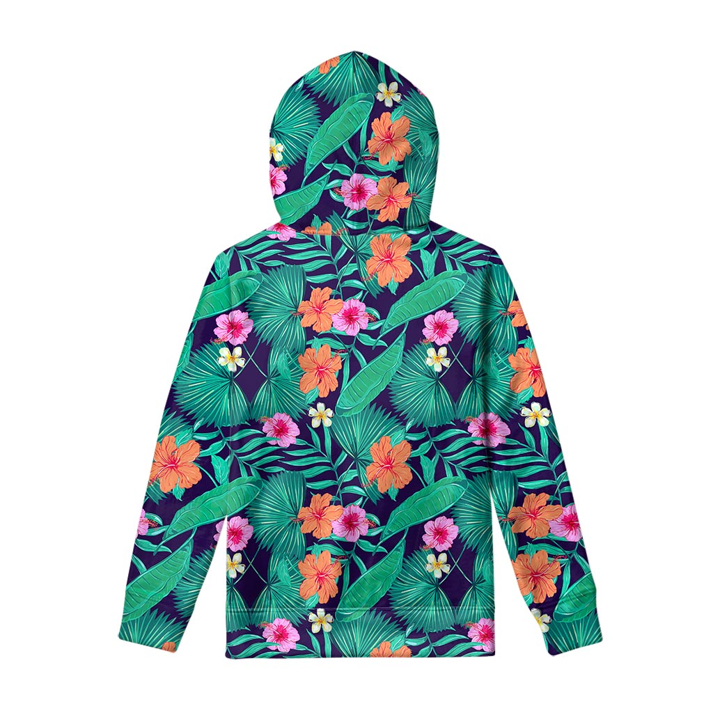 Teal Hawaiian Leaf Flower Pattern Print Pullover Hoodie