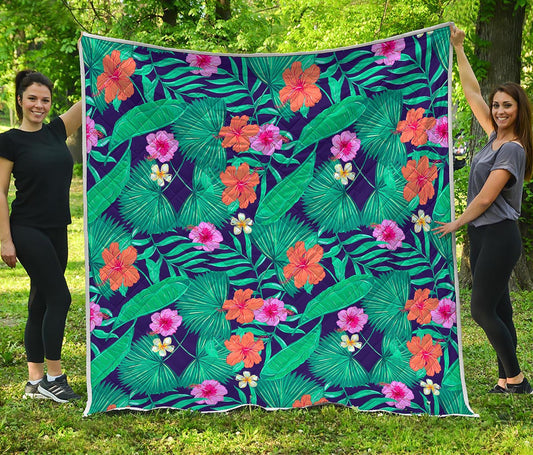 Teal Hawaiian Leaf Flower Pattern Print Quilt