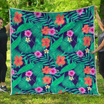 Teal Hawaiian Leaf Flower Pattern Print Quilt