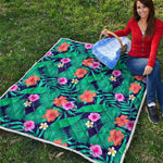 Teal Hawaiian Leaf Flower Pattern Print Quilt