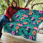 Teal Hawaiian Leaf Flower Pattern Print Quilt
