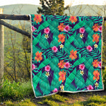 Teal Hawaiian Leaf Flower Pattern Print Quilt