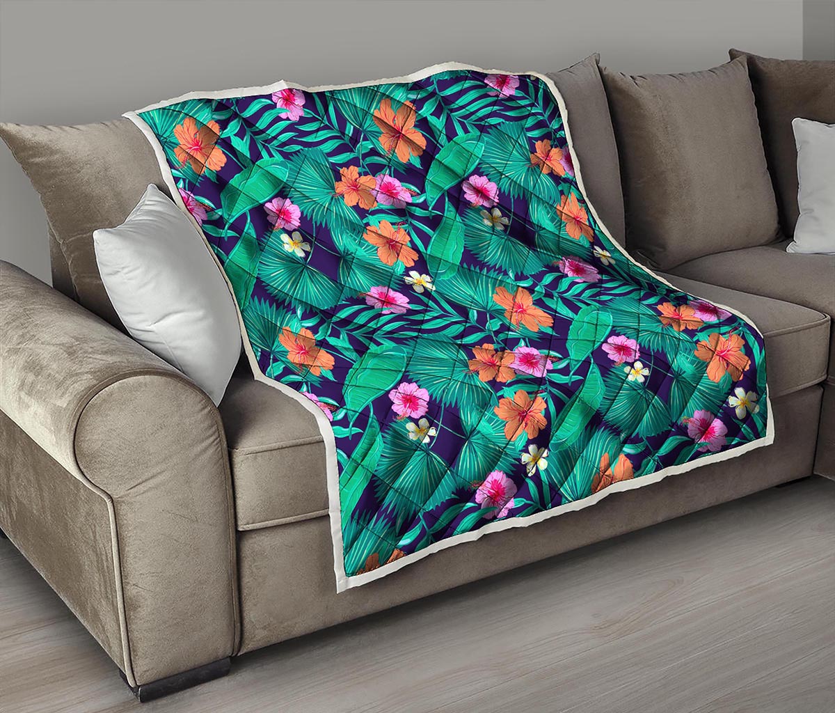Teal Hawaiian Leaf Flower Pattern Print Quilt