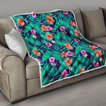 Teal Hawaiian Leaf Flower Pattern Print Quilt