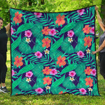Teal Hawaiian Leaf Flower Pattern Print Quilt