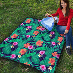 Teal Hawaiian Leaf Flower Pattern Print Quilt