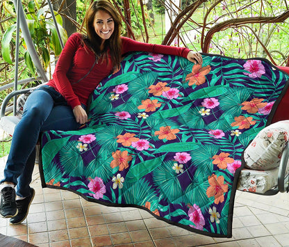 Teal Hawaiian Leaf Flower Pattern Print Quilt