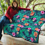 Teal Hawaiian Leaf Flower Pattern Print Quilt