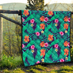 Teal Hawaiian Leaf Flower Pattern Print Quilt