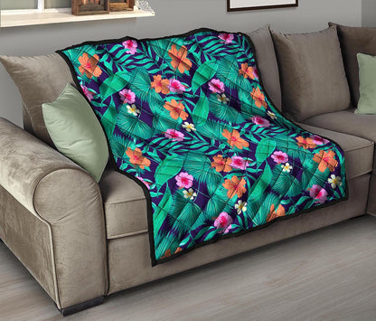 Teal Hawaiian Leaf Flower Pattern Print Quilt