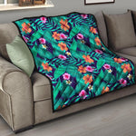 Teal Hawaiian Leaf Flower Pattern Print Quilt