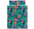 Teal Hawaiian Leaf Flower Pattern Print Quilt Bed Set