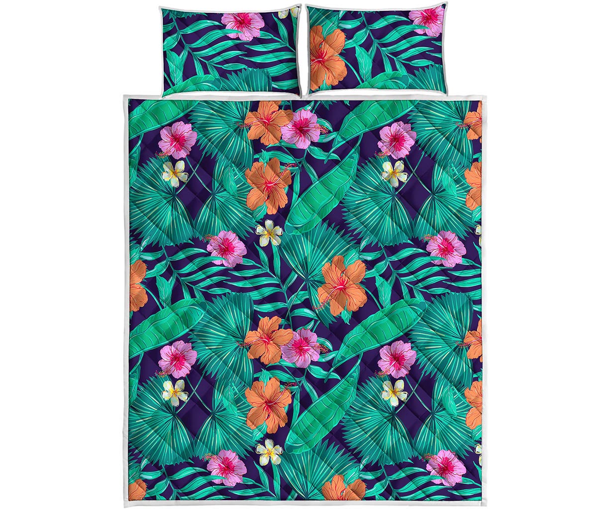 Teal Hawaiian Leaf Flower Pattern Print Quilt Bed Set