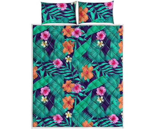 Teal Hawaiian Leaf Flower Pattern Print Quilt Bed Set