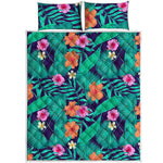 Teal Hawaiian Leaf Flower Pattern Print Quilt Bed Set