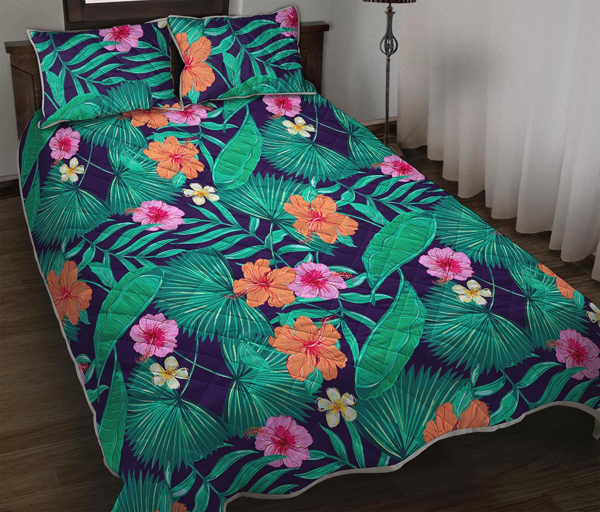 Teal Hawaiian Leaf Flower Pattern Print Quilt Bed Set