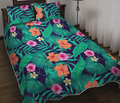 Teal Hawaiian Leaf Flower Pattern Print Quilt Bed Set