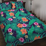 Teal Hawaiian Leaf Flower Pattern Print Quilt Bed Set