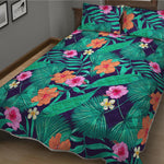 Teal Hawaiian Leaf Flower Pattern Print Quilt Bed Set