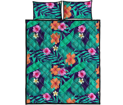 Teal Hawaiian Leaf Flower Pattern Print Quilt Bed Set