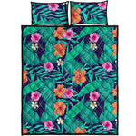 Teal Hawaiian Leaf Flower Pattern Print Quilt Bed Set