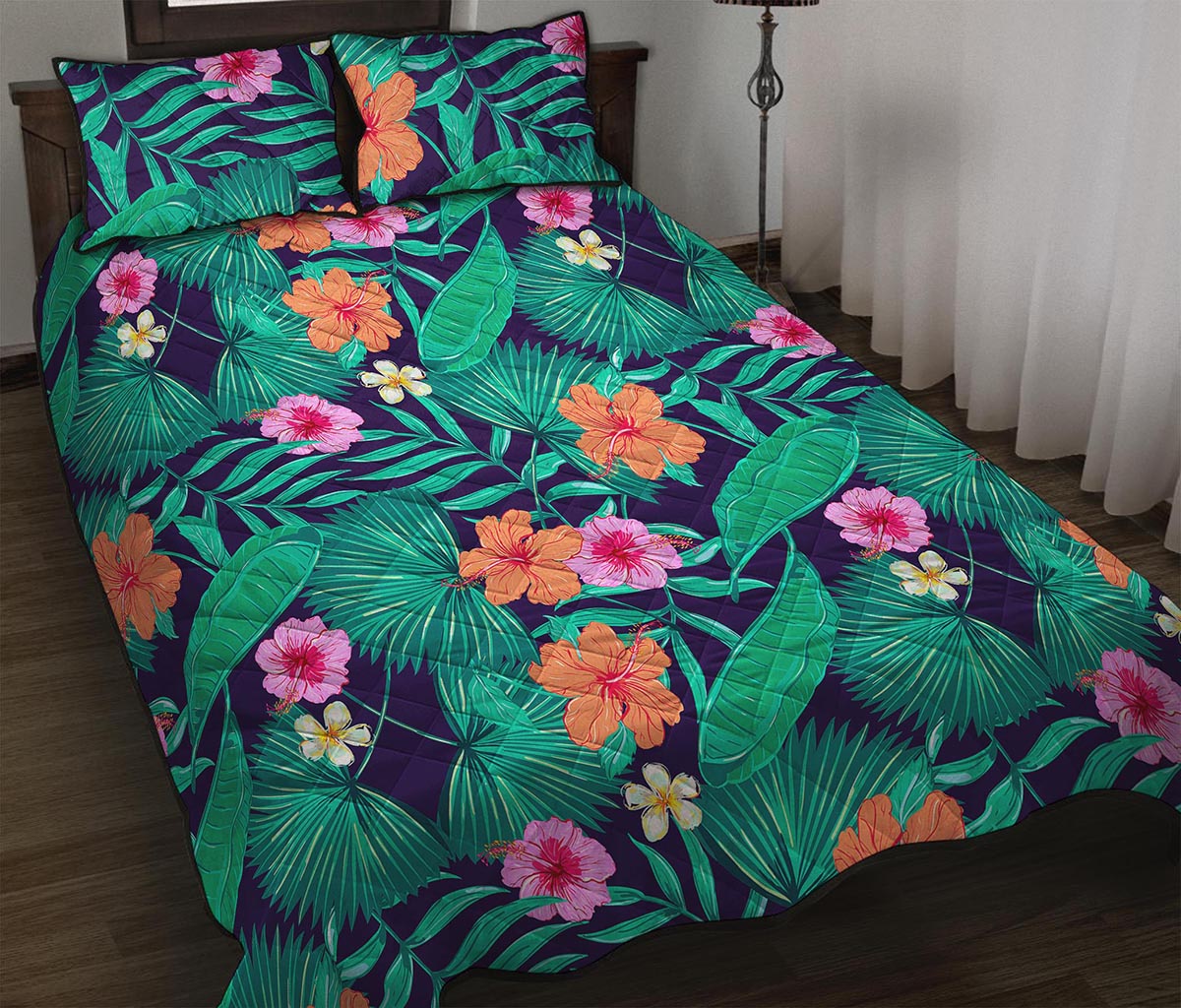 Teal Hawaiian Leaf Flower Pattern Print Quilt Bed Set