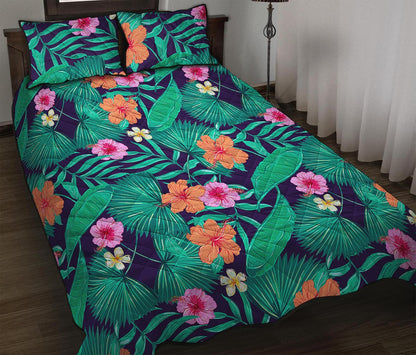 Teal Hawaiian Leaf Flower Pattern Print Quilt Bed Set