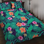 Teal Hawaiian Leaf Flower Pattern Print Quilt Bed Set