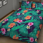 Teal Hawaiian Leaf Flower Pattern Print Quilt Bed Set