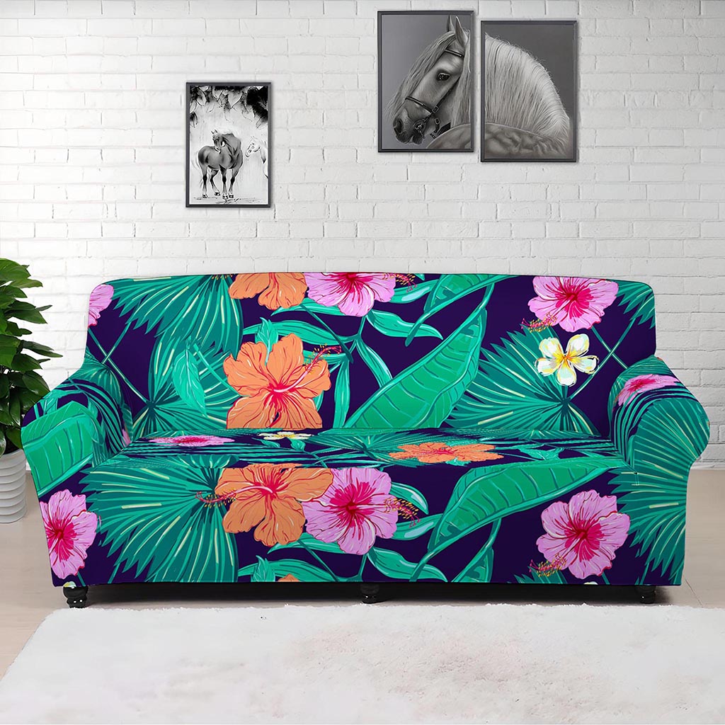 Teal Hawaiian Leaf Flower Pattern Print Sofa Cover