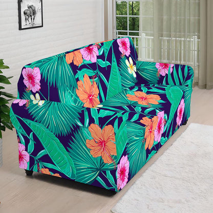 Teal Hawaiian Leaf Flower Pattern Print Sofa Cover