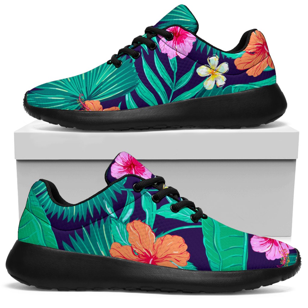 Teal Hawaiian Leaf Flower Pattern Print Sport Shoes GearFrost