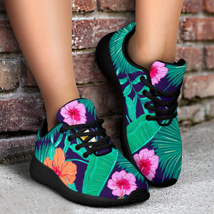 Teal Hawaiian Leaf Flower Pattern Print Sport Shoes GearFrost