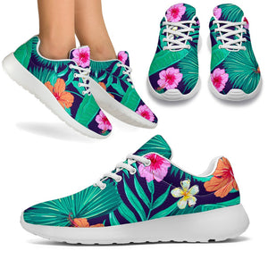 Teal Hawaiian Leaf Flower Pattern Print Sport Shoes GearFrost