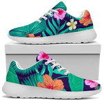 Teal Hawaiian Leaf Flower Pattern Print Sport Shoes GearFrost