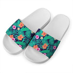 Teal Hawaiian Leaf Flower Pattern Print White Slide Sandals