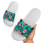 Teal Hawaiian Leaf Flower Pattern Print White Slide Sandals