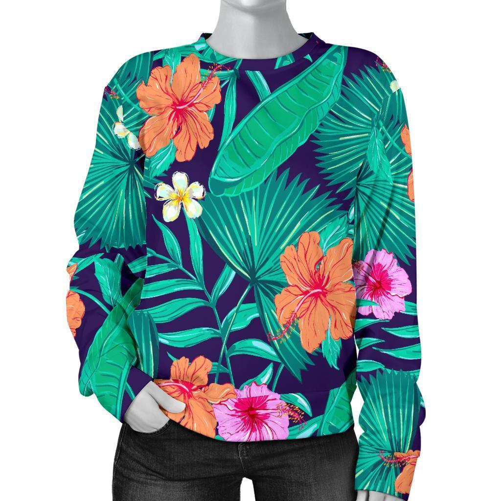 Teal Hawaiian Leaf Flower Pattern Print Women's Crewneck Sweatshirt GearFrost