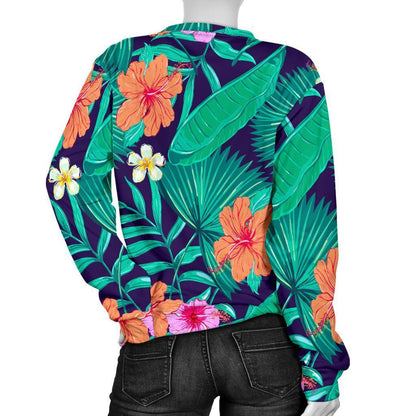 Teal Hawaiian Leaf Flower Pattern Print Women's Crewneck Sweatshirt GearFrost